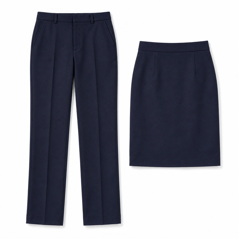 Pantalón y falda de vestir azul marino para bachillerato, uno junto al otro